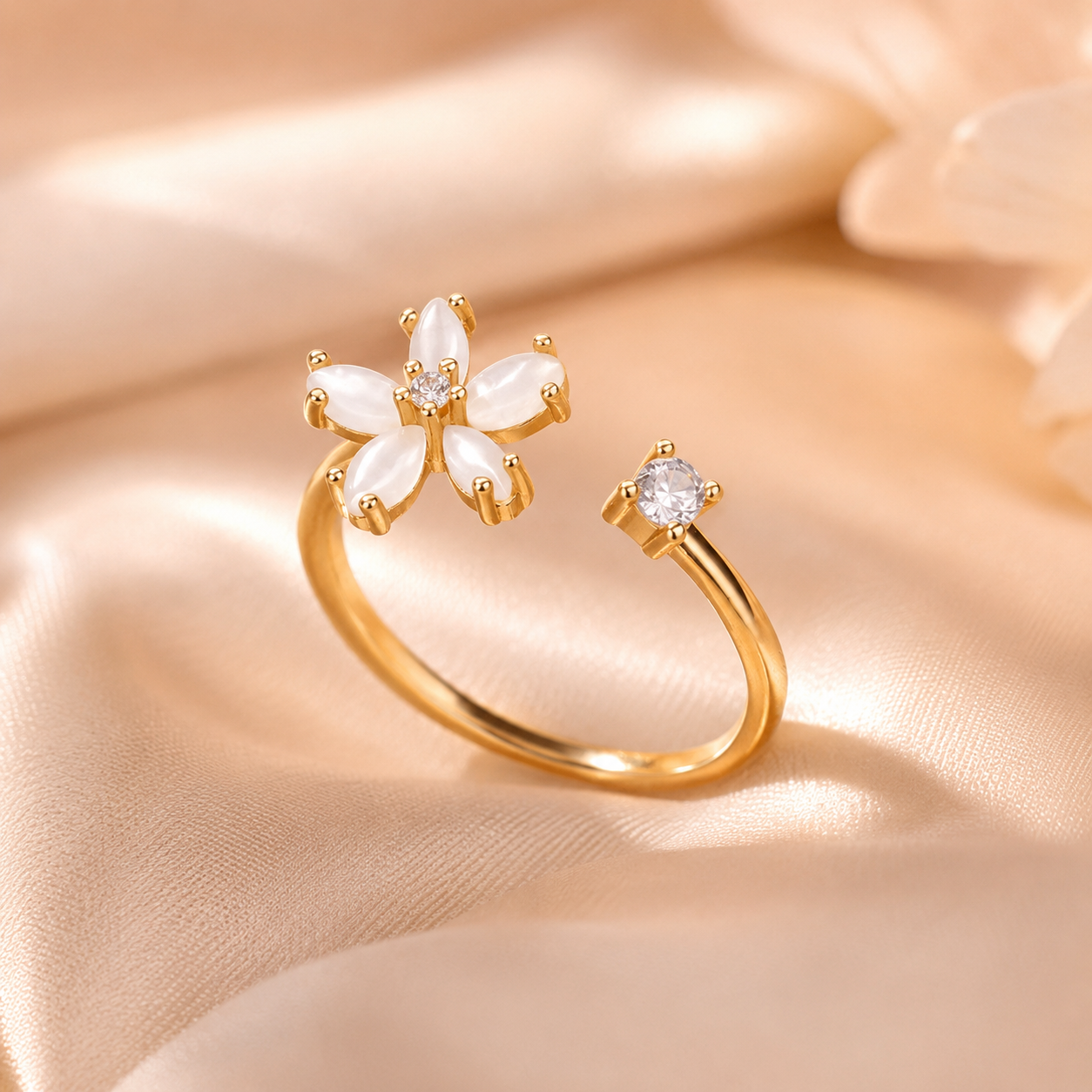 Bague fleur chic or acier inoxydable taille réglable
